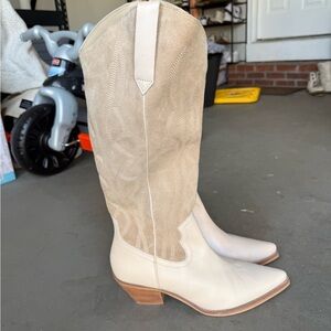 NEW NEVER WORN | Women's Beige Western Knee-High Boots - Cream Leather Suede 9